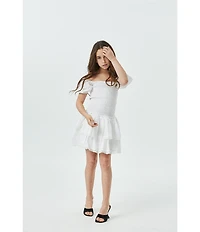 Theme NYC Big Girls Lexi Solid Cap Sleeve Satin Smocked Bodice Ruffle Tiered Dress