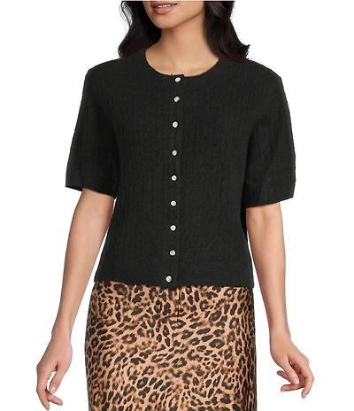 Things Between Cable Knit Button Front Short Sleeve Cardigan
