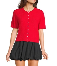 Things Between Cable Knit Button Front Short Sleeve Cardigan