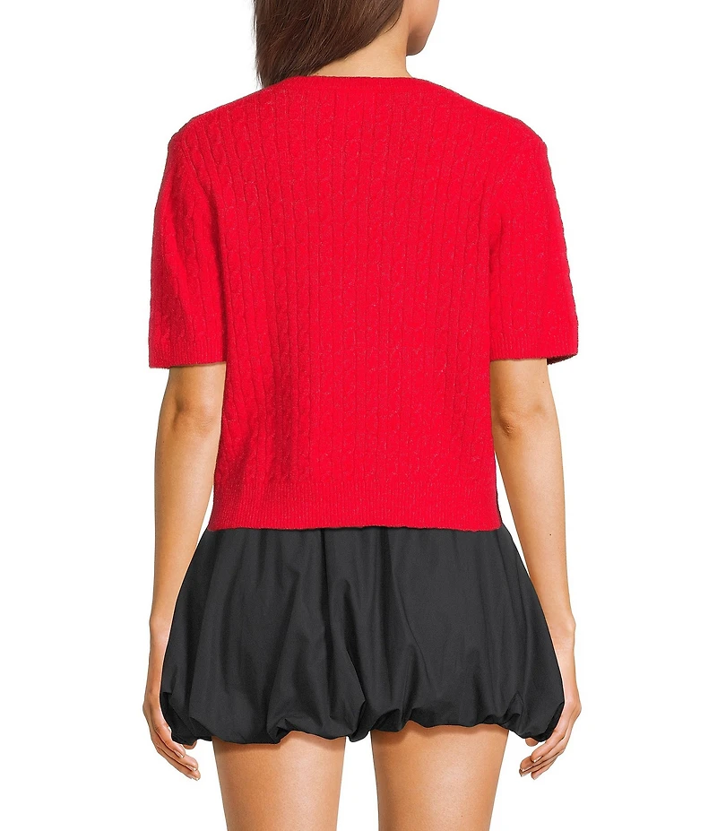 Things Between Cable Knit Button Front Short Sleeve Cardigan
