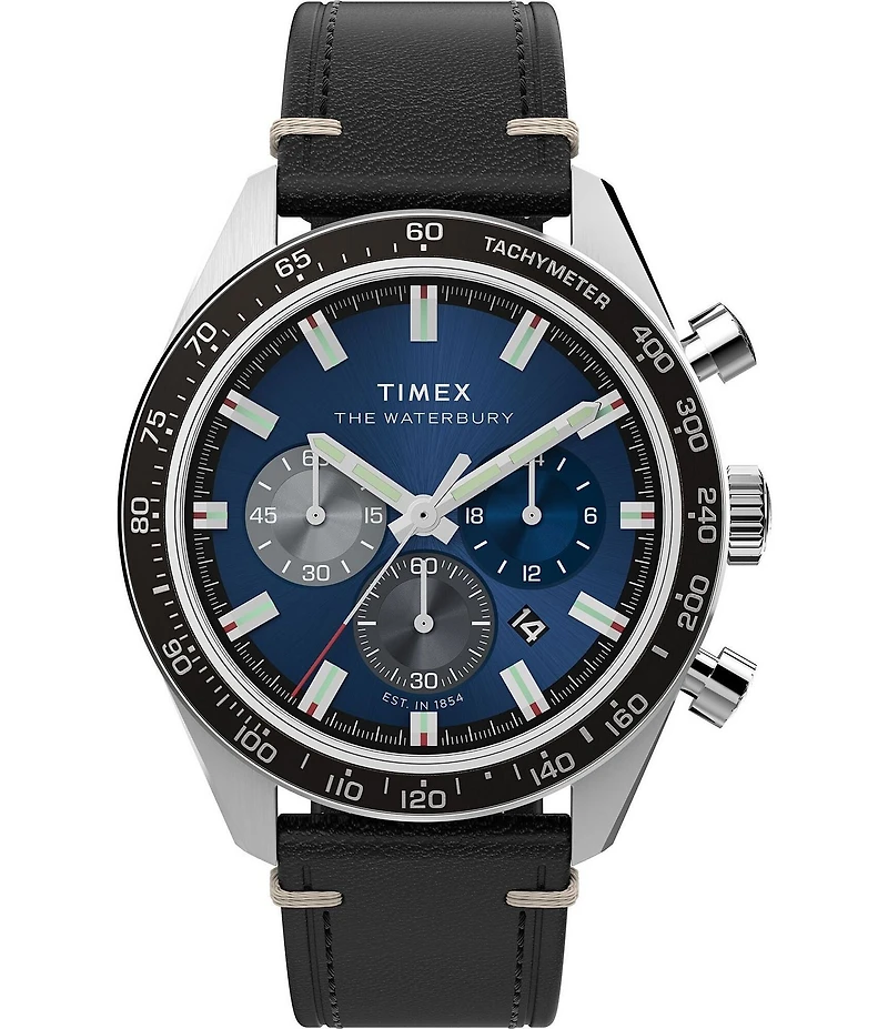 Timex Men's Waterbury Blue Quartz Chronograph Leather Strap Watch