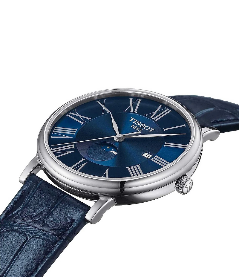 Tissot Men's Carson Moonphase Quartz Analog Blue Crocodile Leather Strap Watch
