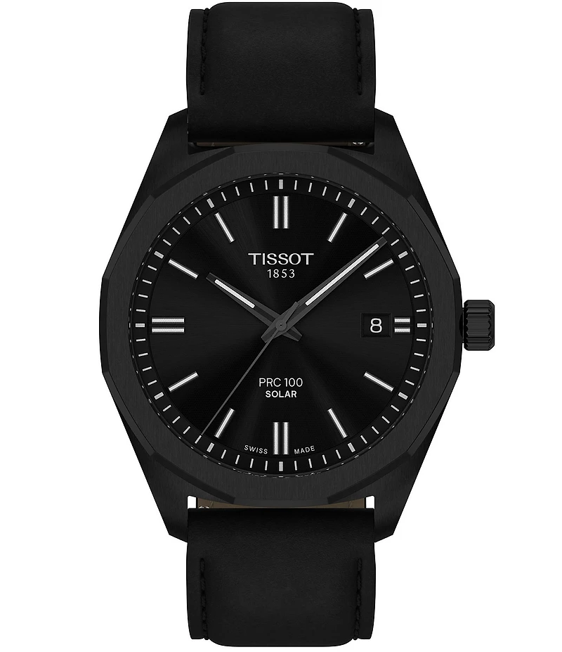 Tissot Men's PRC 100 Solar Solar Quartz Automatic Black Leather Strap Watch