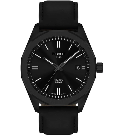 Tissot Men's PRC 100 Solar Solar Quartz Automatic Black Leather Strap Watch
