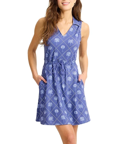 Tommy Bahama Abby Getaway Fronds Palm Print Collared V-Neck Sleeveless A-Line Dress