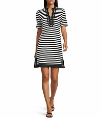 Tommy Bahama Amira Stripe Contrasted V-Neck Short Sleeve Shift Dress