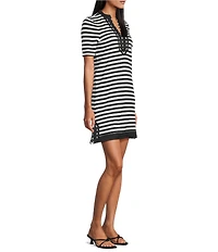 Tommy Bahama Amira Stripe Contrasted V-Neck Short Sleeve Shift Dress