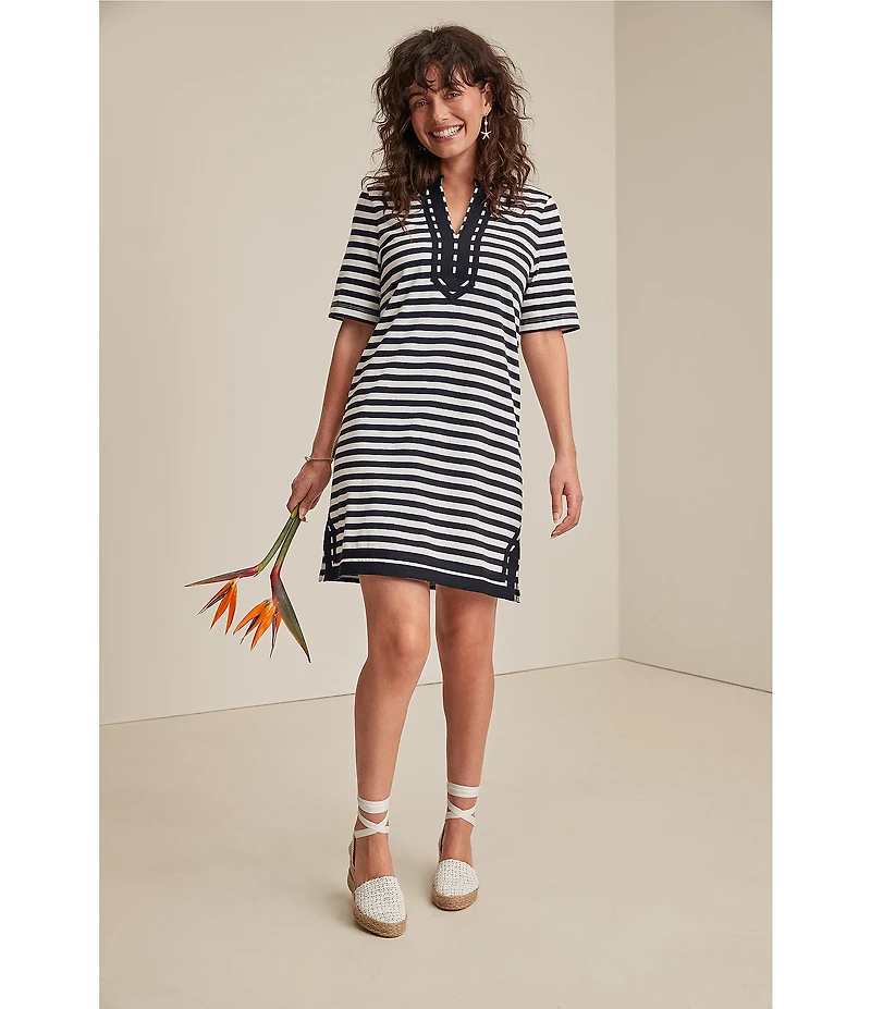 Tommy Bahama Amira Stripe Contrasted V-Neck Short Sleeve Shift Dress