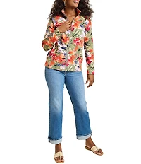 Tommy Bahama Aruba Island Bloom Tropical Rib Knit Print Stand Collar Long Sleeve Top