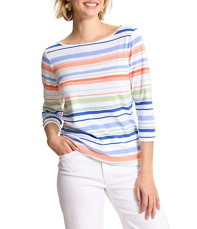 Tommy Bahama Ashby Isle Coast Cool Multi Color Stripe Boat Neck 3/4 Sleeve Tee