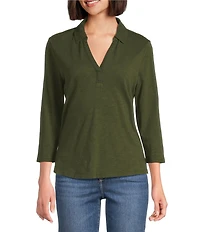 Tommy Bahama Ashby Isles Solid Stretch Jersey Johnny Collar V-Neck 3/4 Sleeve Fitted Top