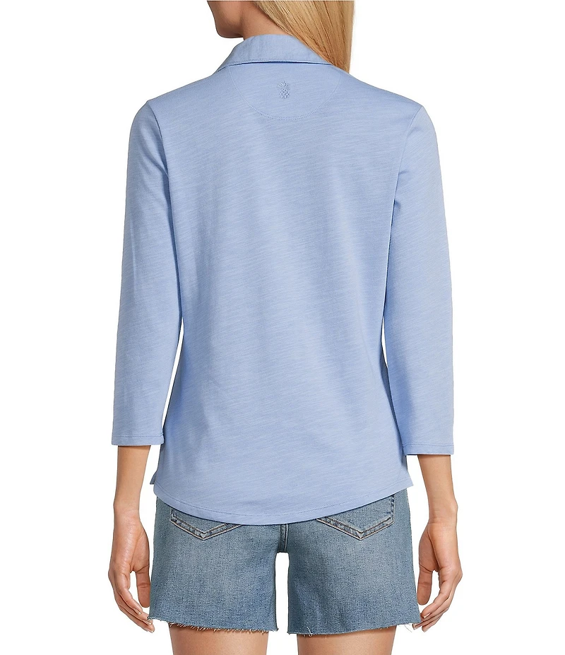 Tommy Bahama Ashby Isles Solid Stretch Jersey Johnny Collar V-Neck 3/4 Sleeve Fitted Top