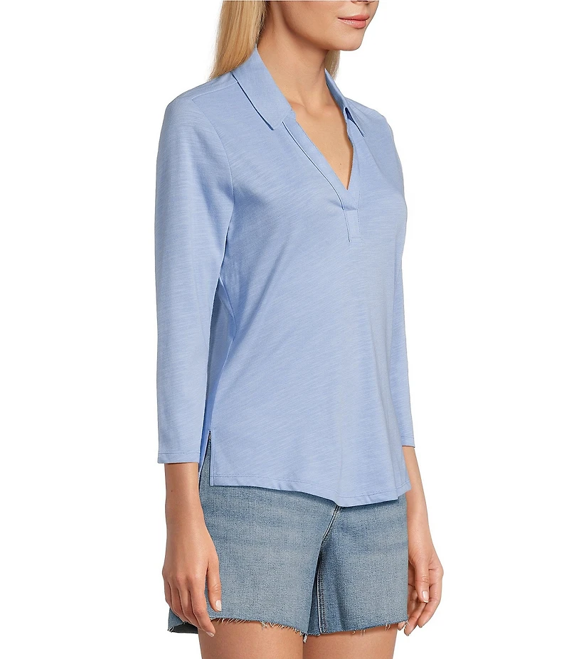 Tommy Bahama Ashby Isles Solid Stretch Jersey Johnny Collar V-Neck 3/4 Sleeve Fitted Top