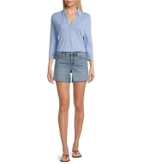 Tommy Bahama Ashby Isles Solid Stretch Jersey Johnny Collar V-Neck 3/4 Sleeve Fitted Top
