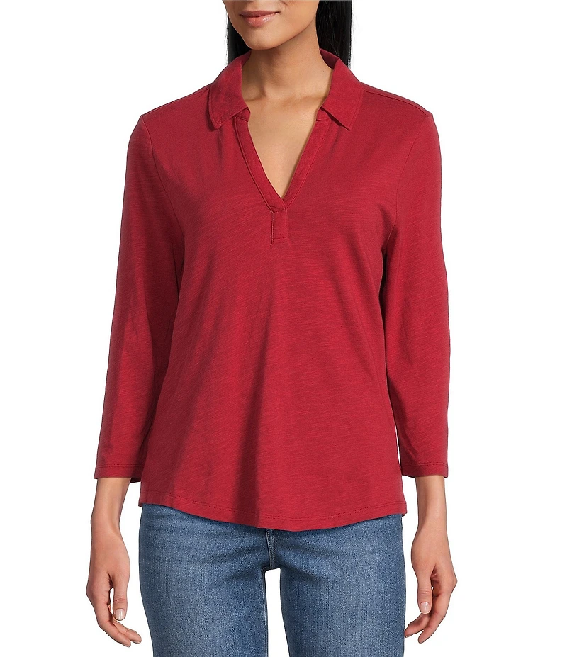 Tommy Bahama Ashby Isles Solid Stretch Jersey Johnny Collar V-Neck 3/4 Sleeve Fitted Top