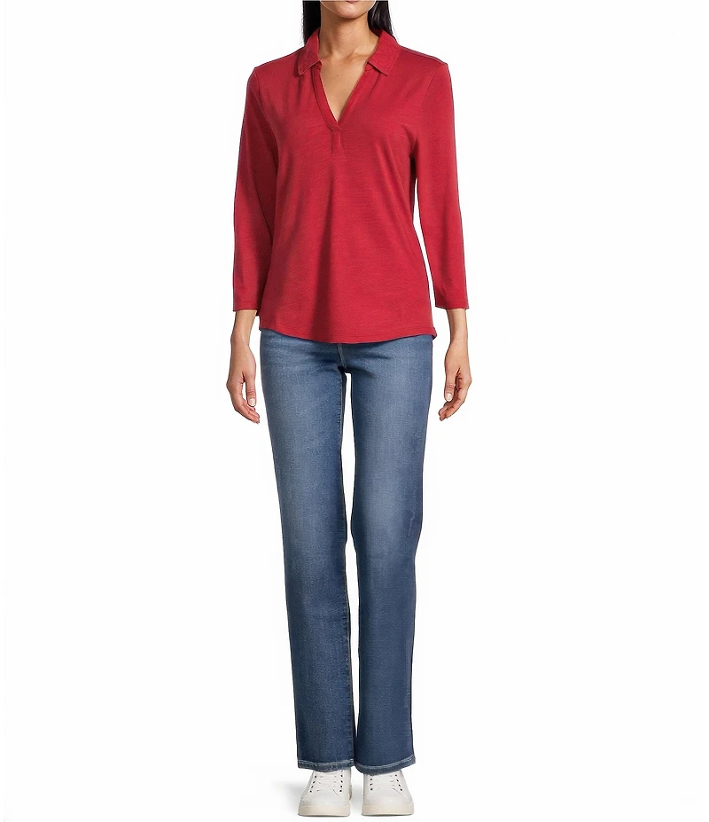 Tommy Bahama Ashby Isles Solid Stretch Jersey Johnny Collar V-Neck 3/4 Sleeve Fitted Top