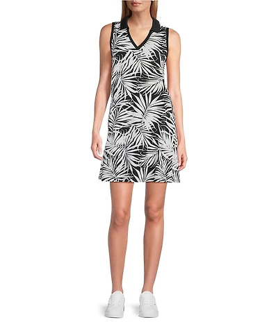 Aubrey Lorenzo IslandZone® Jersey Leaf Print Polo Collar Sleeveless A-Line Dress