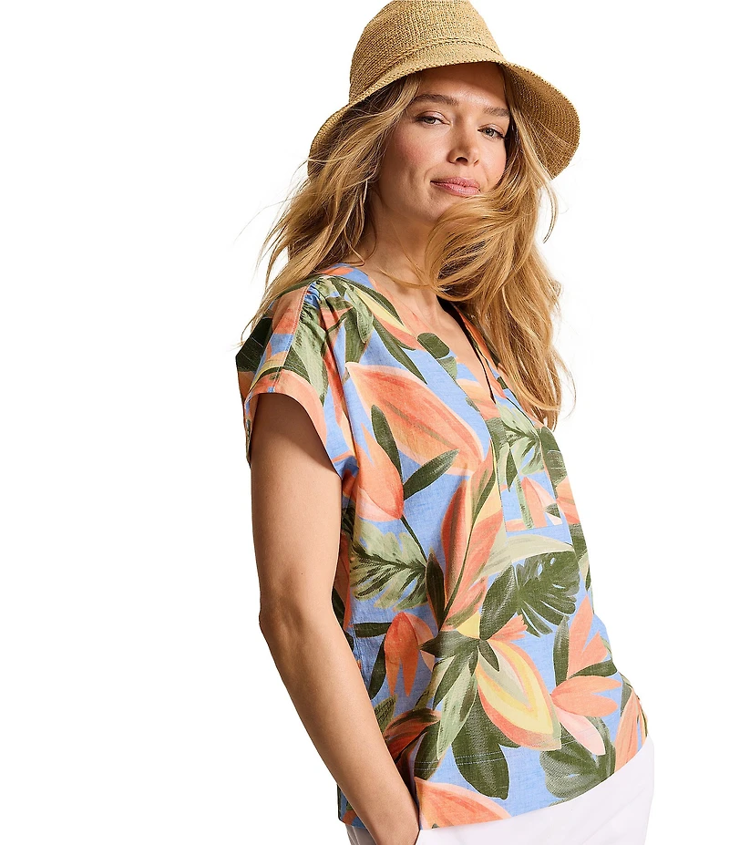 Tommy Bahama Beach Bloom Poplin V-Neck Short Sleeve Top