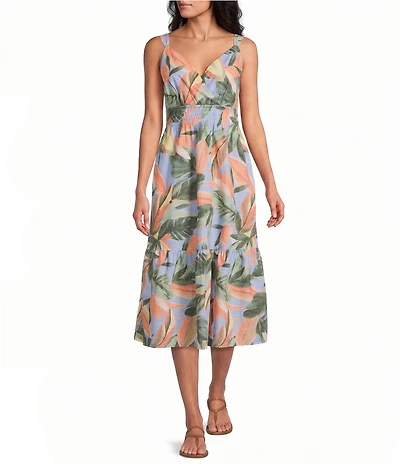 Tommy Bahama Beach Bloom Poplin V-Neck Sleeveless Smocked Waist Shift Midi Dress