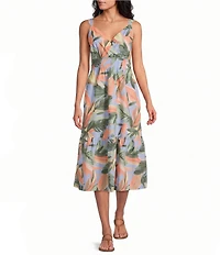 Tommy Bahama Beach Bloom Poplin V-Neck Sleeveless Smocked Waist Shift Midi Dress