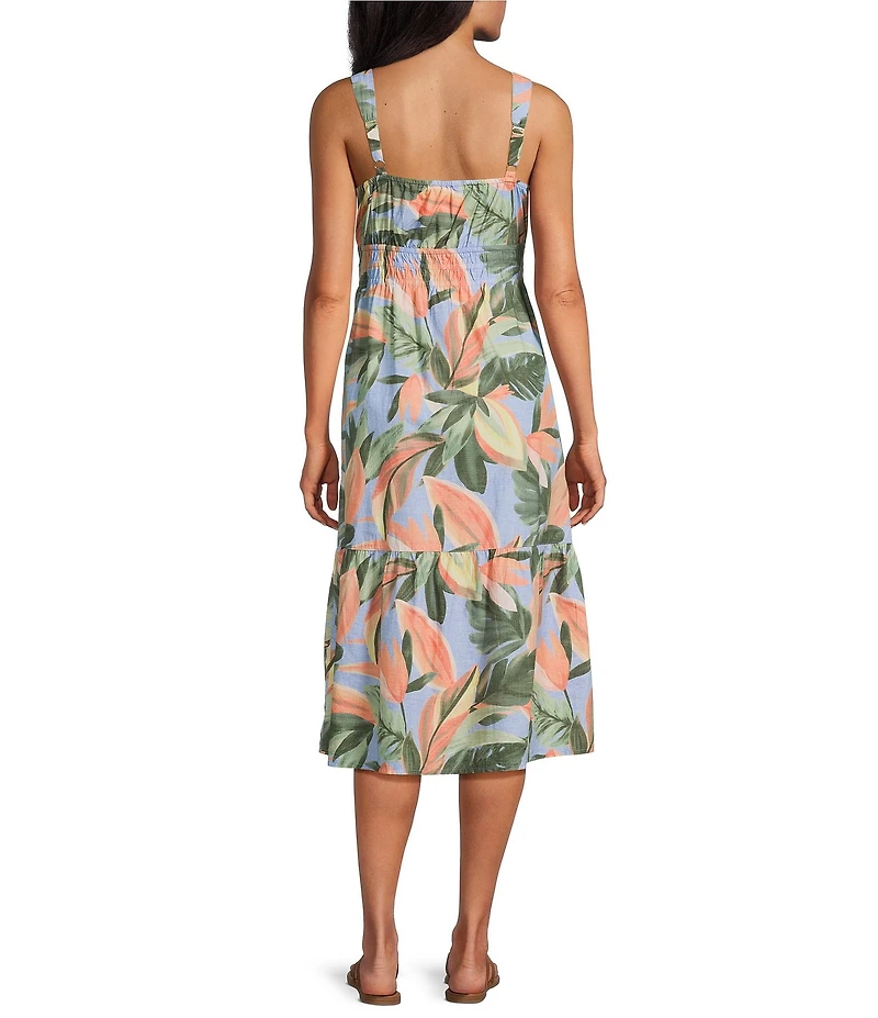Tommy Bahama Beach Bloom Poplin V-Neck Sleeveless Smocked Waist Shift Midi Dress