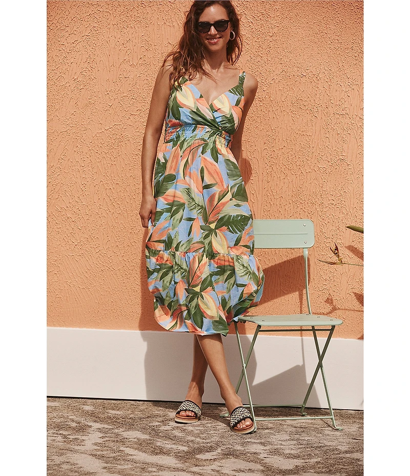 Tommy Bahama Beach Bloom Poplin V-Neck Sleeveless Smocked Waist Shift Midi Dress