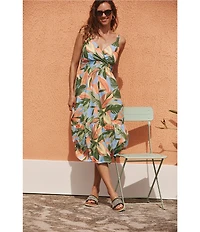 Tommy Bahama Beach Bloom Poplin V-Neck Sleeveless Smocked Waist Shift Midi Dress