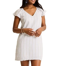 Tommy Bahama Beach Breeze Linen V-Neck Cap Flutter Sleeve Raw Hem Shift Dress