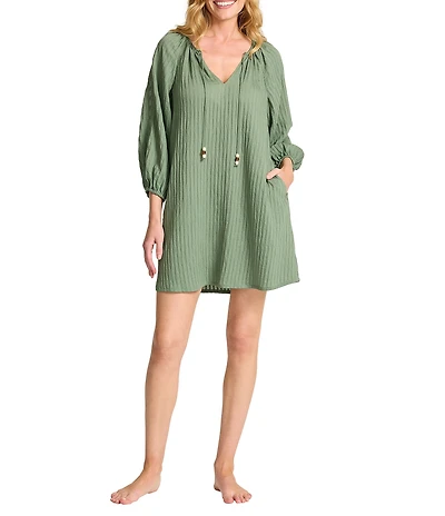 Tommy Bahama Beachy Stripe Woven Split V-Neck Tunic Swim Cover-Up