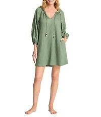 Tommy Bahama Beachy Stripe Woven Split V-Neck Tunic Swim Cover-Up