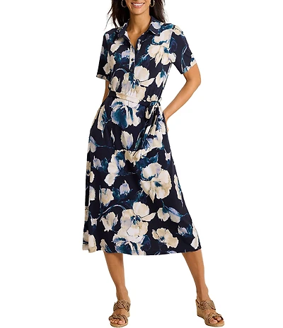 Tommy Bahama Carmela Floral Print Point Collar Short Sleeve Button Front Wrap Midi Dress