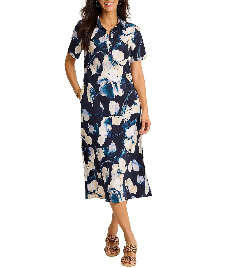 Tommy Bahama Carmela Floral Print Point Collar Short Sleeve Button Front Wrap Midi Dress
