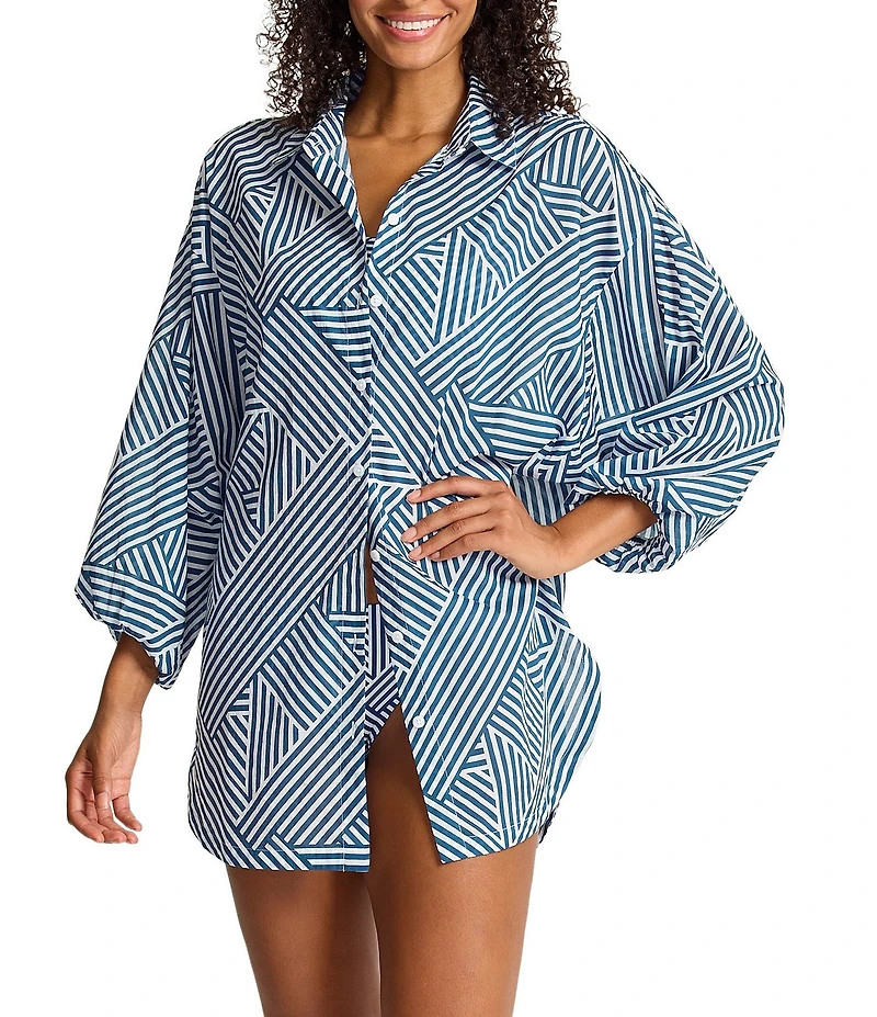 Tommy Bahama Cataline Coast Stripe Boyfriend Button Front Shirt Swim Cover-Up
