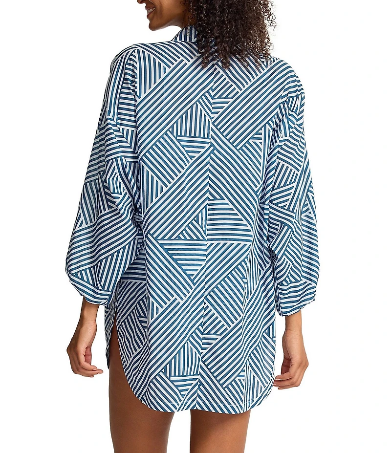 Tommy Bahama Cataline Coast Stripe Boyfriend Button Front Shirt Swim Cover-Up