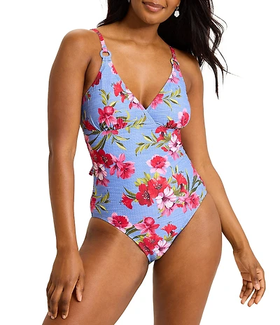 Tommy Bahama Chambray Beach Floral Print V-Neck Plunge One Piece Swimsuit