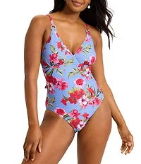 Tommy Bahama Chambray Beach Floral Print V-Neck Plunge One Piece Swimsuit