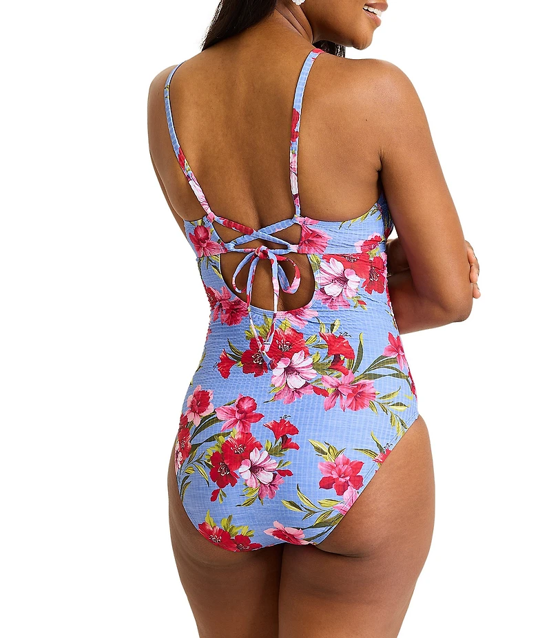 Tommy Bahama Chambray Beach Floral Print V-Neck Plunge One Piece Swimsuit