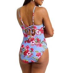 Tommy Bahama Chambray Beach Floral Print V-Neck Plunge One Piece Swimsuit