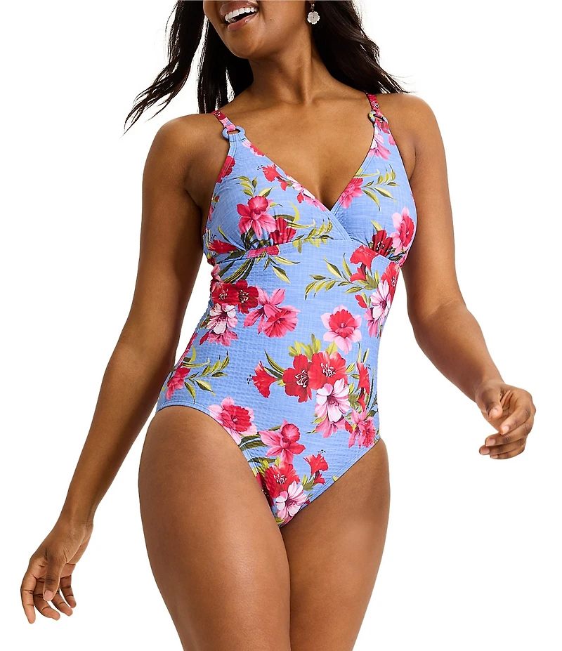 Tommy Bahama Chambray Beach Floral Print V-Neck Plunge One Piece Swimsuit