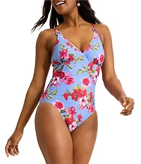 Tommy Bahama Chambray Beach Floral Print V-Neck Plunge One Piece Swimsuit