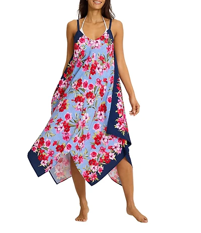 Tommy Bahama Chambray Beach Floral V-Neck Scarf Dress Swim Cover-Up