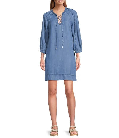 Tommy Bahama Chambray O'Lei Lace Up 3/4 Sleeve Dress