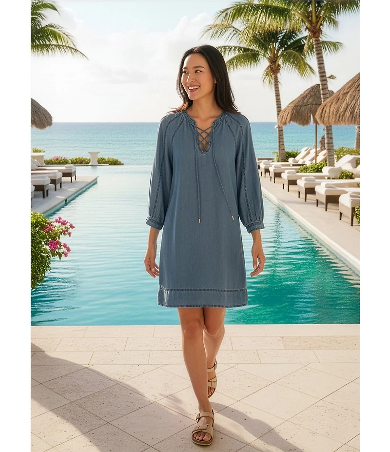 Tommy Bahama Chambray O'Lei Lace Up 3/4 Sleeve Dress