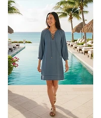 Tommy Bahama Chambray O'Lei Lace Up 3/4 Sleeve Dress