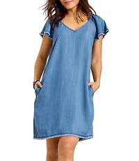 Tommy Bahama Chambray Shift V-Neck Short Flutter Sleeve Raw Hemmed Dress