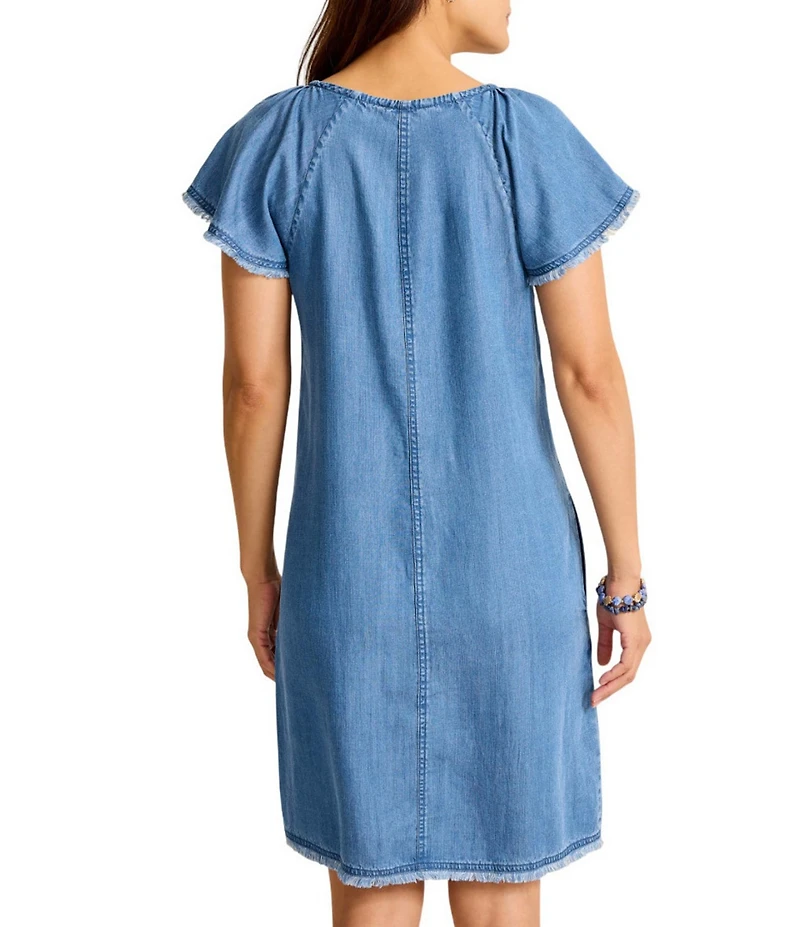 Tommy Bahama Chambray Shift V-Neck Short Flutter Sleeve Raw Hemmed Dress
