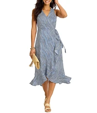 Tommy Bahama Coastal Shores Linen Stripe Surplice V-Neck Sleeveless High Low Ruffle Wrap Midi Dress