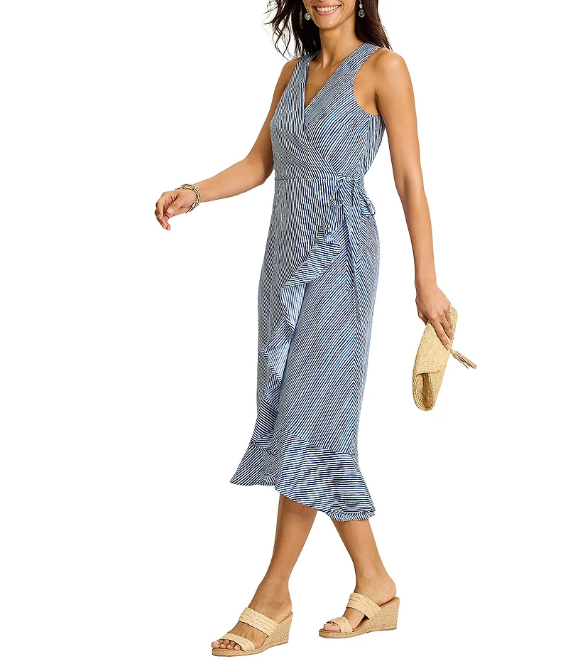 Tommy Bahama Coastal Shores Linen Stripe Surplice V-Neck Sleeveless High Low Ruffle Wrap Midi Dress