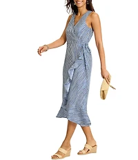 Tommy Bahama Coastal Shores Linen Stripe Surplice V-Neck Sleeveless High Low Ruffle Wrap Midi Dress