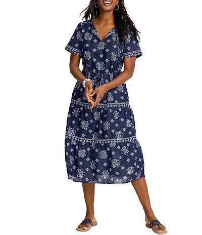 Tommy Bahama Coastal Tiles V-Neck Short Sleeve Tiered Midi Dress